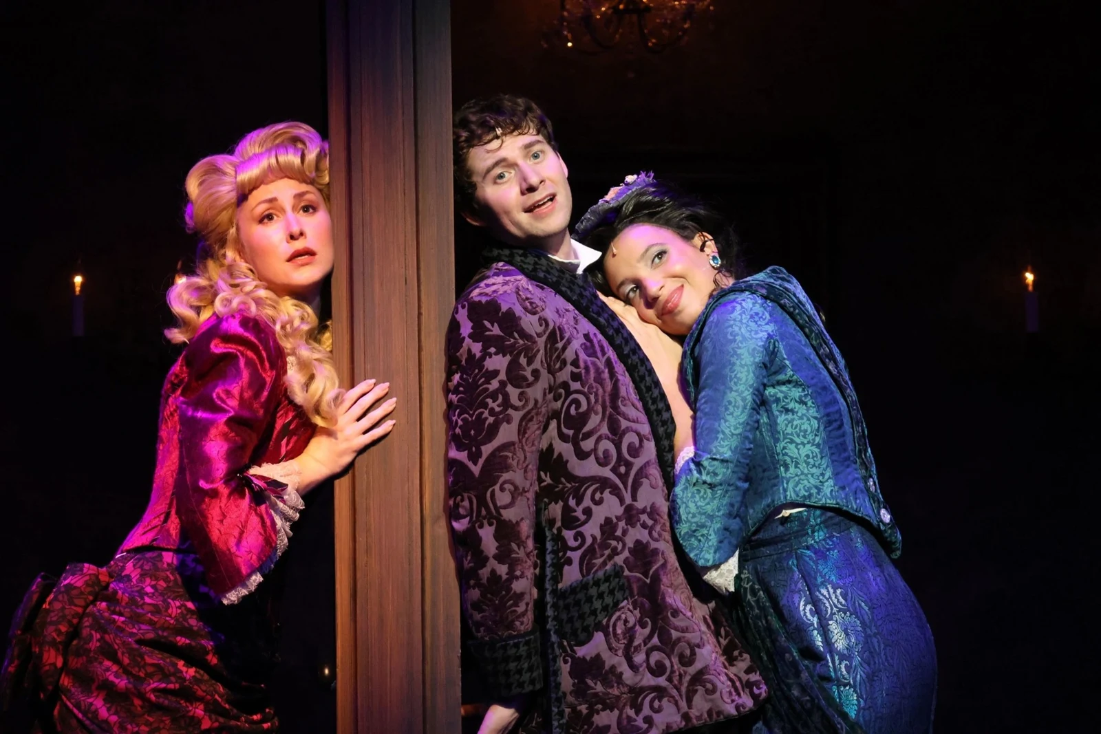 Lauren and fellow performers in colorful period costumes in A Gentleman’s Guide to Love and Murder